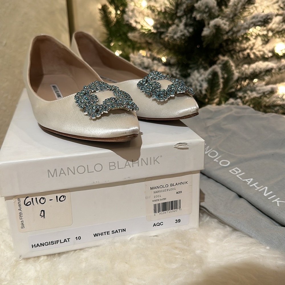 Authentic Manolo Blahnik Hangisi Flat White Satin Wedding Bridal Blue EU39